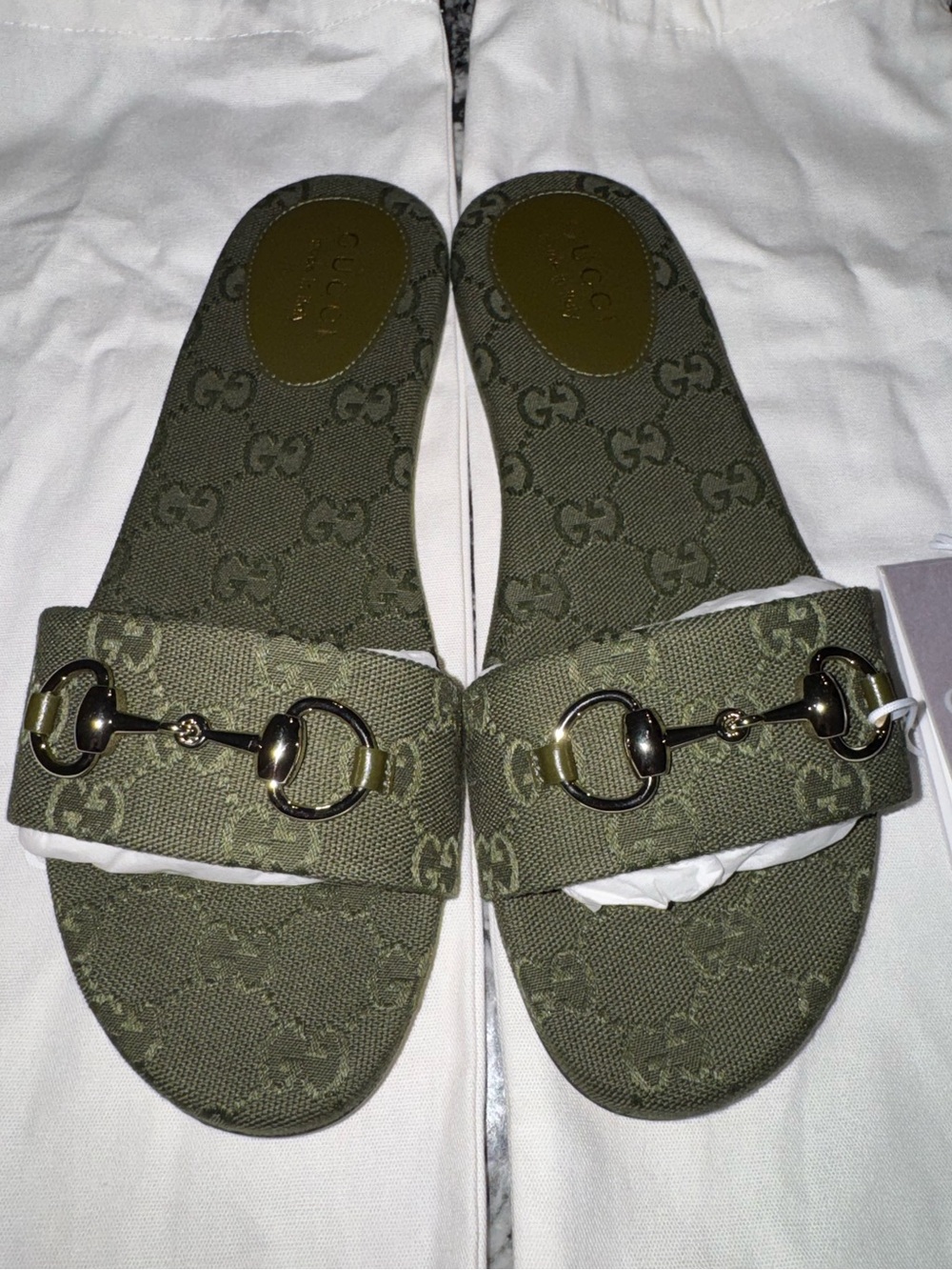 Gucci Olive Green GG Canvas Horsebit Slide Sandals